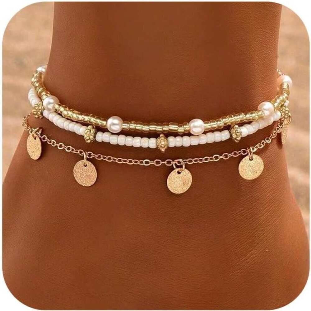 Shell Ankle Bracelet Set for Women, 14K Gold Boho Bead Adjustable Anklet, Hawaii